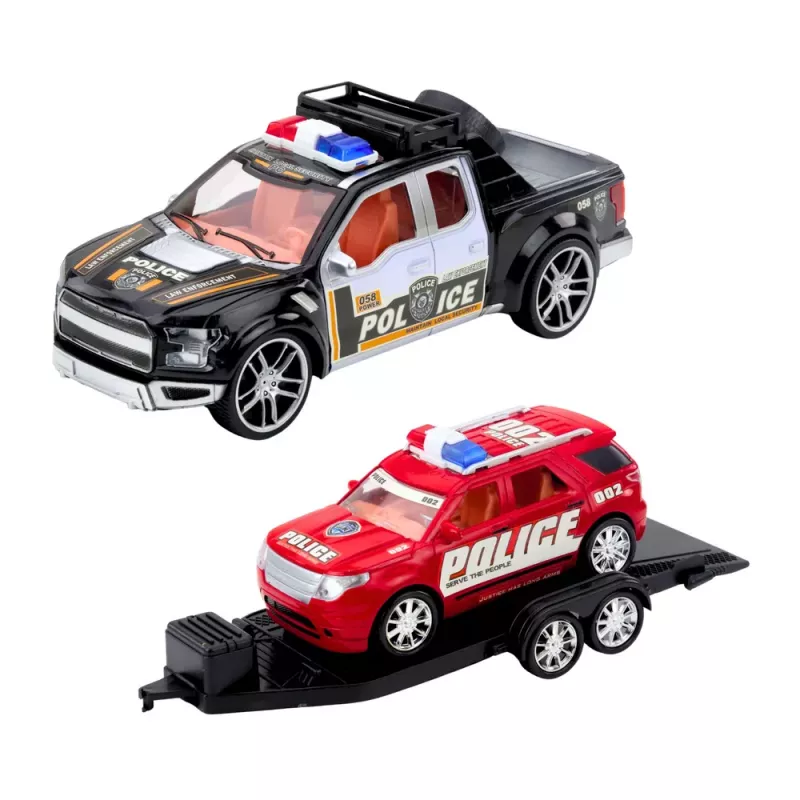 LEAN TOYS Bezceļu policijas auto komplekts ar evakuatoru un patruļauto