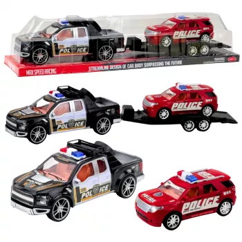 LEAN TOYS Bezceļu policijas auto komplekts ar evakuatoru un patruļauto
