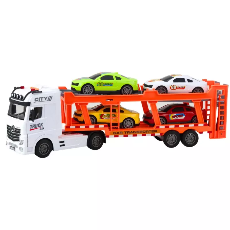 LEAN TOYS Lora Truck Autoiekrāvējs ar 4 automašīnām, atveramām durvīm, gaismām un skaņām