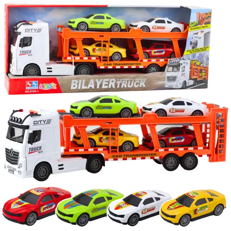 LEAN TOYS Lora Truck Autoiekrāvējs ar 4 automašīnām, atveramām durvīm, gaismām un skaņām