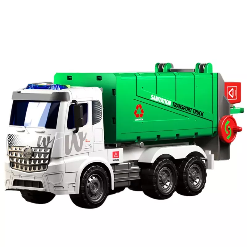 LEAN TOYS Lielā atkritumu mašīna ar pacelšanas funkciju, 2 konteineri, gaismas, skaņas, zaļa, 1:10