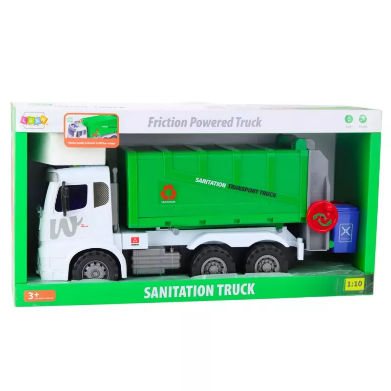LEAN TOYS Lielā atkritumu mašīna ar pacelšanas funkciju, 2 konteineri, gaismas, skaņas, zaļa, 1:10