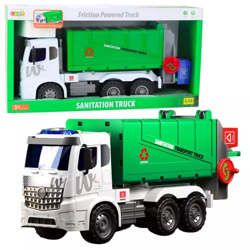 LEAN TOYS Lielā atkritumu mašīna ar pacelšanas funkciju, 2 konteineri, gaismas, skaņas, zaļa, 1:10