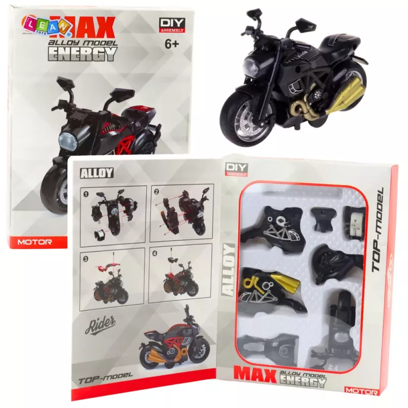 LEAN TOYS Motocikls, ko salikt ar skrūvēm, metāls 1:14 DIY, melns zelts elementi