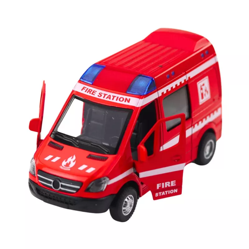 LEAN TOYS Fire Truck Metal Pull Back Motor Lights Sounds Red 1:32