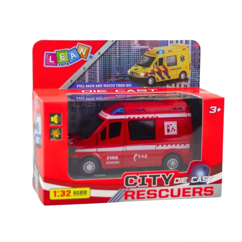 LEAN TOYS Fire Truck Metal Pull Back Motor Lights Sounds Red 1:32