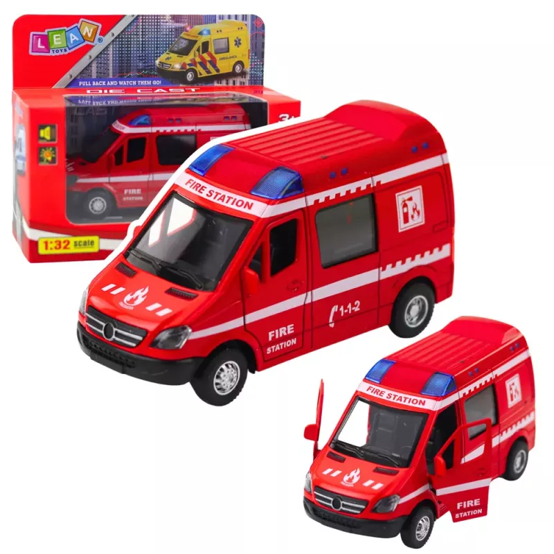LEAN TOYS Fire Truck Metal Pull Back Motor Lights Sounds Red 1:32