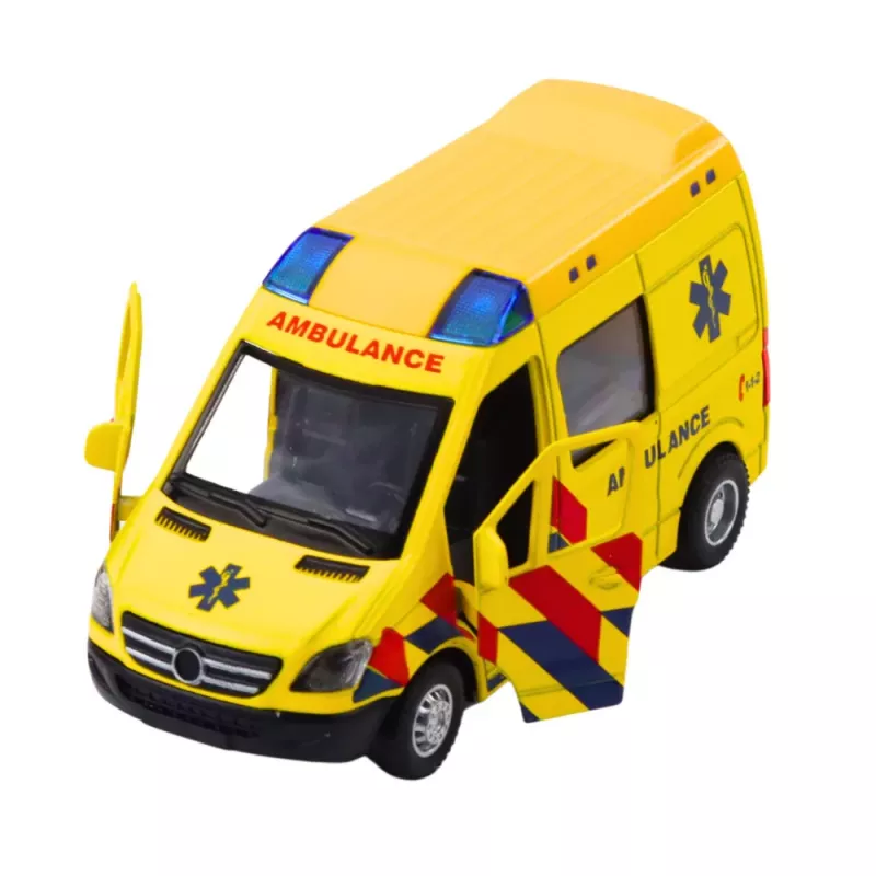 LEAN TOYS Ambulance Metal Pull Back Motorized Lights Sounds Yellow 1:32
