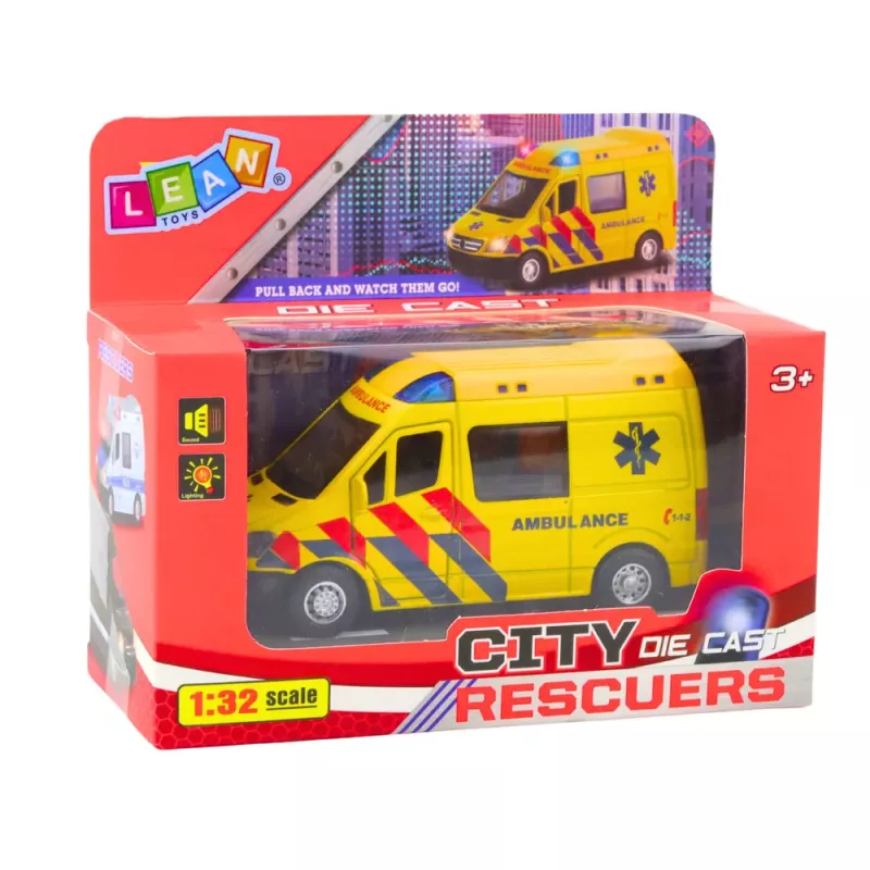 LEAN TOYS Ambulance Metal Pull Back Motorized Lights Sounds Yellow 1:32