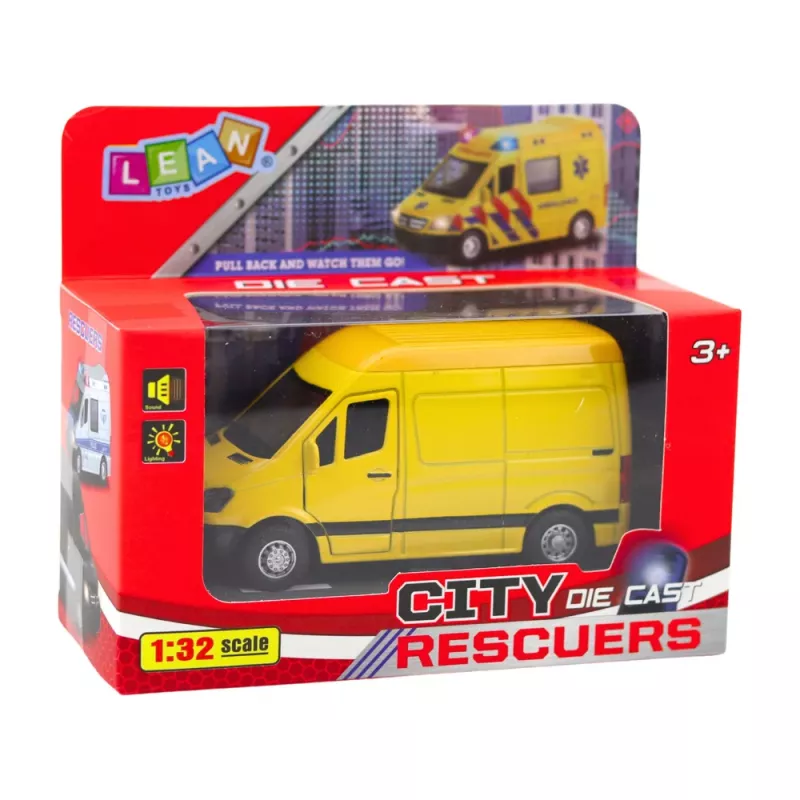 LEAN TOYS Metāla piegādes furgons ar atpakaļgaitas piedziņu, gaismām un skaņām, dzeltens, 1:32 mērogs