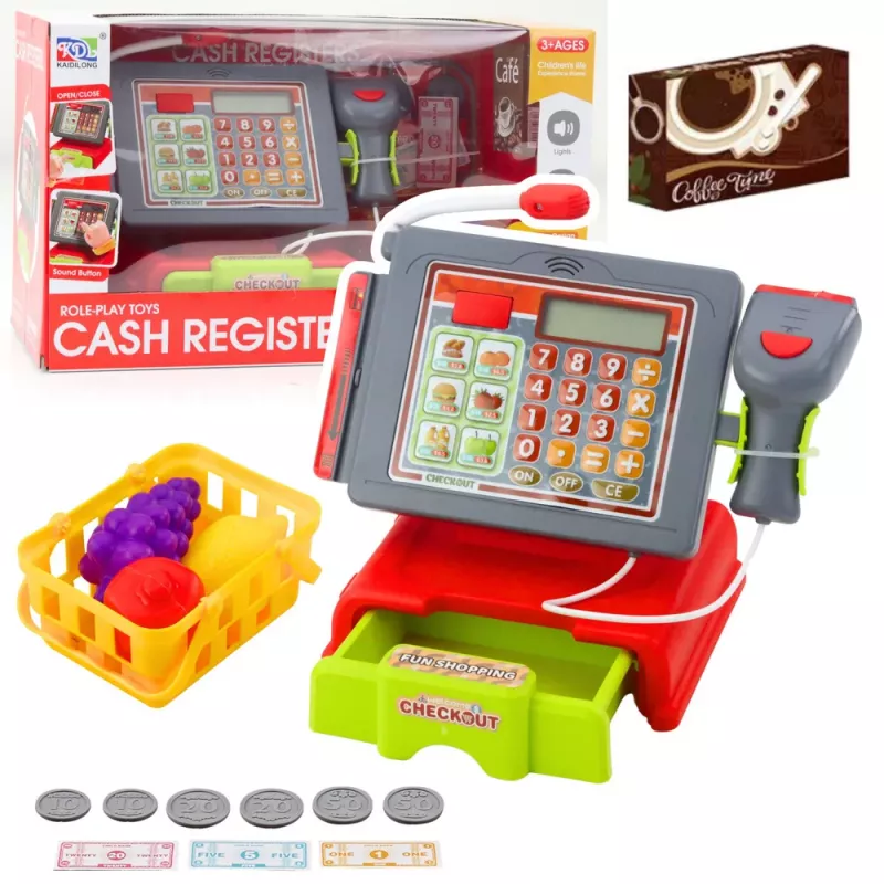 LEAN TOYS Kases aparāts bērniem ar piederumiem, grozu, augļiem, gaismām un skaņām, sarkans