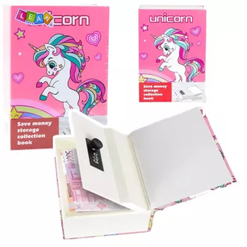 LEAN TOYS Slēptā grāmata Krājkasīte Drošības kods Vienradzis Rozā
