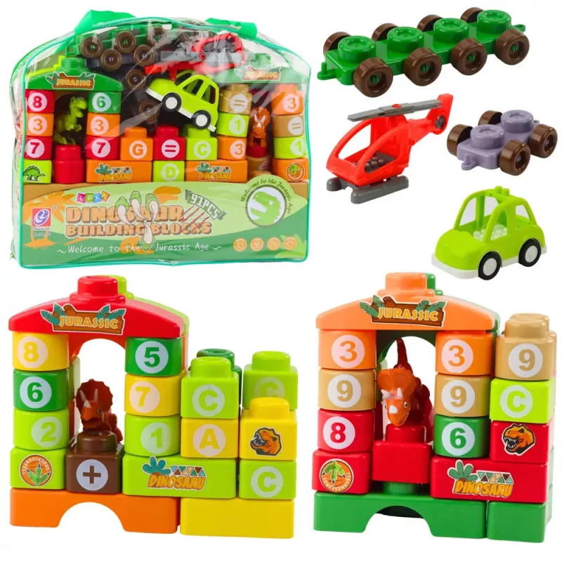 LEAN TOYS Izglītojoši konstrukcijas bloki maisā Dinozauri Cipari Burti 91 gab.
