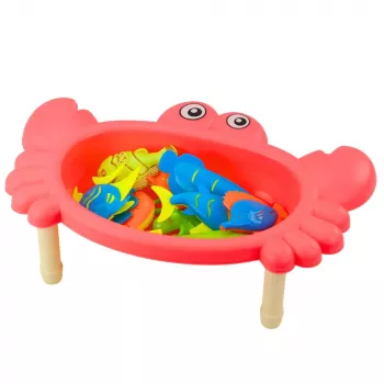LEAN TOYS Makšķerēšanas komplekts: Krabju galds, 10 zivis, makšķere, sietiņš, rozā