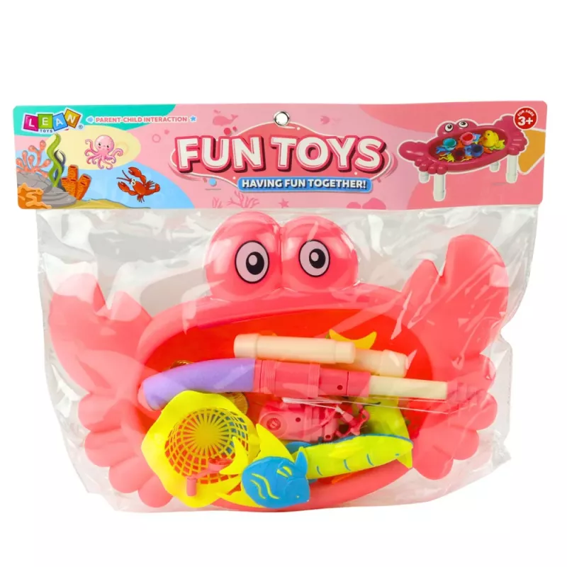 LEAN TOYS Makšķerēšanas komplekts: Krabju galds, 10 zivis, makšķere, sietiņš, rozā