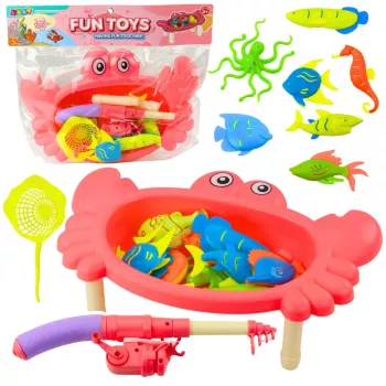 LEAN TOYS Makšķerēšanas komplekts: Krabju galds, 10 zivis, makšķere, sietiņš, rozā