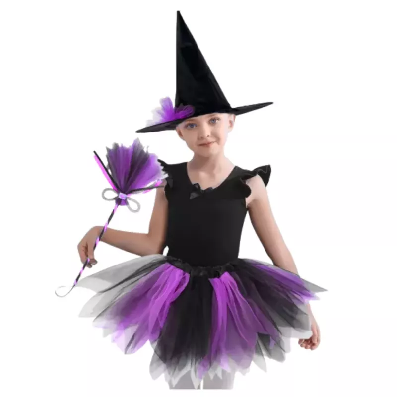 LEAN TOYS Raganas kostīms ar cepuri, svārkiem un slotu, purpura un melna
