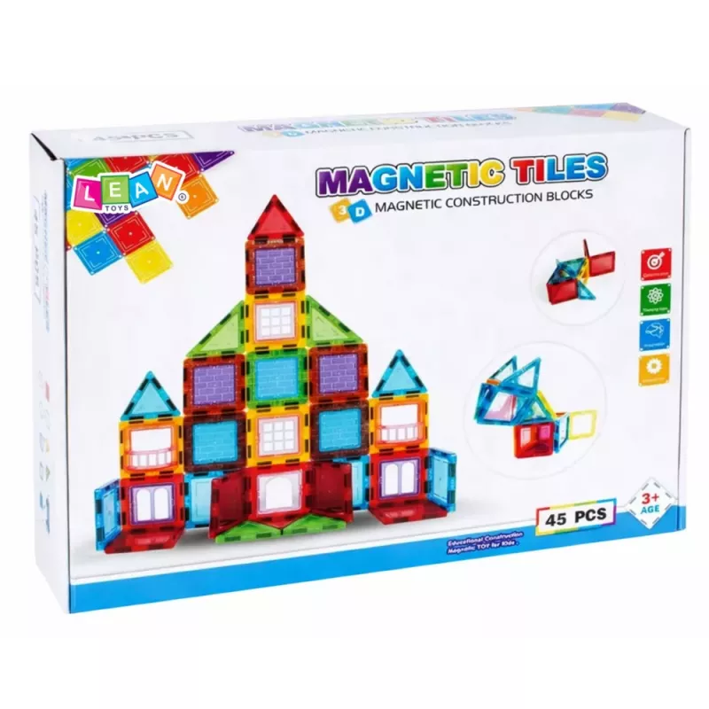 LEAN TOYS 3D magnētiskie bloki konstrukcijas puzle krāsaini 45 gab.