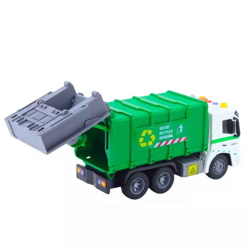 LEAN TOYS Atkritumu mašīna ar atkritumu tvertni, gaismām un skaņām, zaļa, 1:16 mērogs