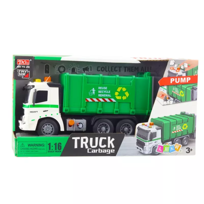 LEAN TOYS Atkritumu mašīna ar atkritumu tvertni, gaismām un skaņām, zaļa, 1:16 mērogs