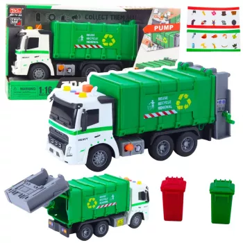 LEAN TOYS Atkritumu mašīna ar atkritumu tvertni, gaismām un skaņām, zaļa, 1:16 mērogs