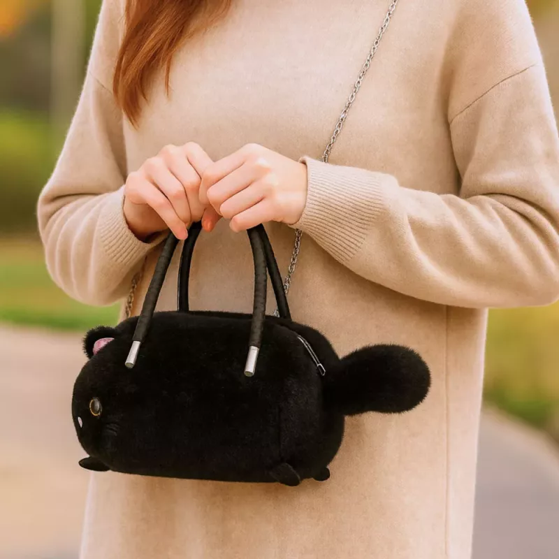 LEAN TOYS Plush Cat-Shaped Handbag with Chain Handles, Black