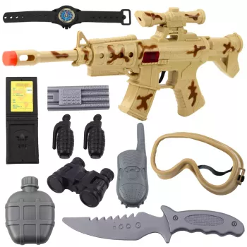 LEAN TOYS Militārā šautenes komplekts ar šautenes piederumiem, šāviena skaņu un smilšu krāsu