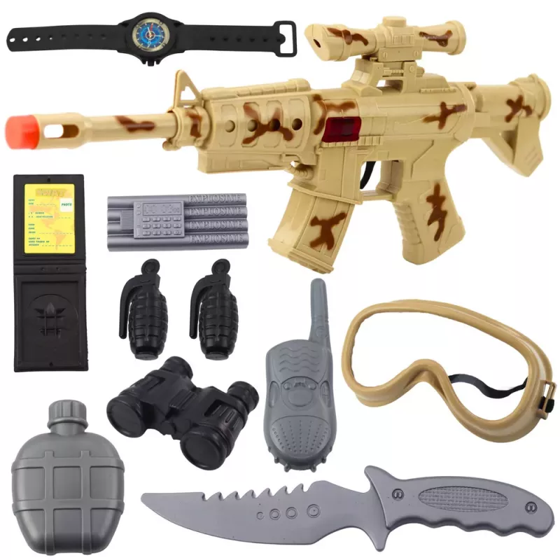LEAN TOYS Militārā šautenes komplekts ar šautenes piederumiem, šāviena skaņu un smilšu krāsu