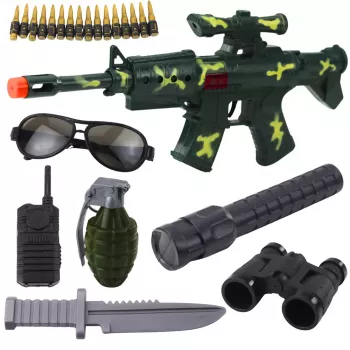 LEAN TOYS Militārā šautenes komplekts ar šautenes aksesuāriem, šāviena skaņu, haki