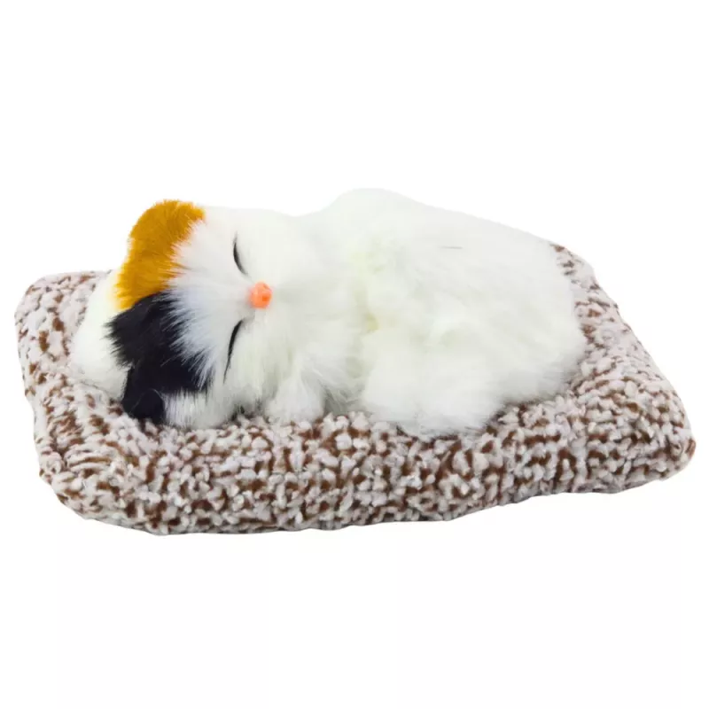 LEAN TOYS Sleeping White Cat on a Pillow Figurine with Fur Bag Sounds