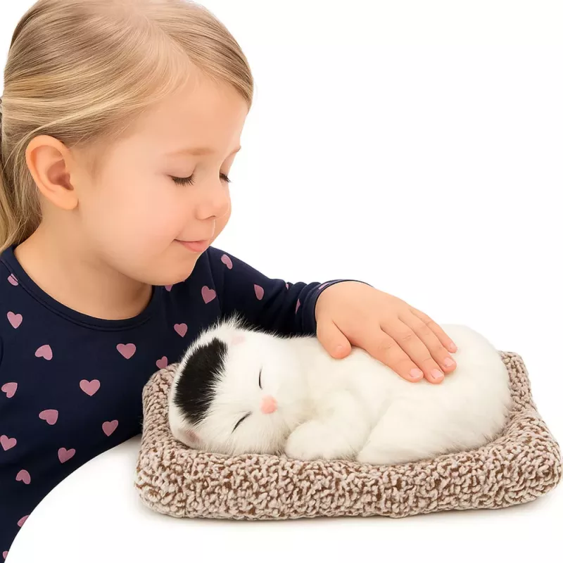 LEAN TOYS Sleeping White Cat on a Pillow Figurine with Fur Bag Sounds