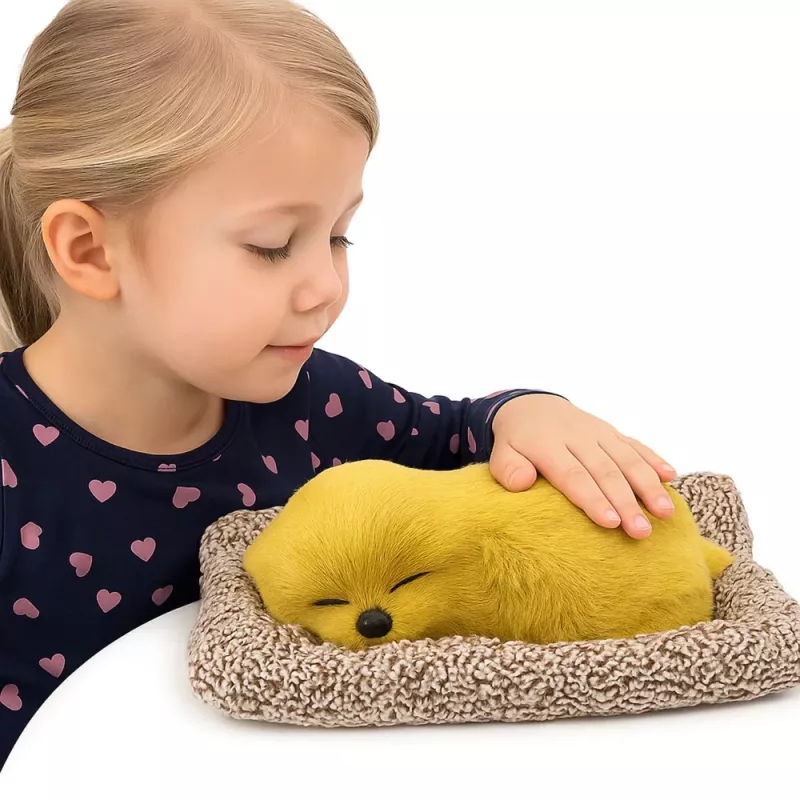 LEAN TOYS Guļošs labradors uz spilvena figūriņa ar kažoku caurspīdīgā somā ar skaņām