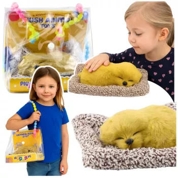 LEAN TOYS Guļošs labradors uz spilvena figūriņa ar kažoku caurspīdīgā somā ar skaņām