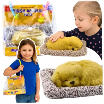 LEAN TOYS Guļošs labradora kucēns uz spilvena figūriņa ar kažoku un caurspīdīgu maisiņu