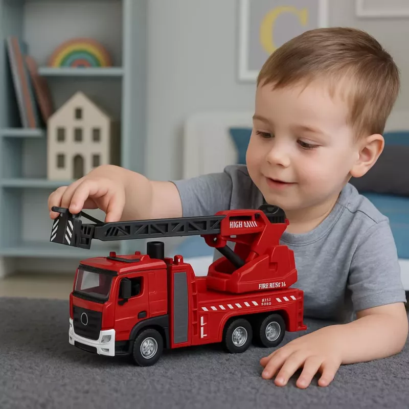 LEAN TOYS Ugunsdzēsēju mašīna ar ūdens šļūteni, ūdens smidzināšanu, gaismām un skaņām