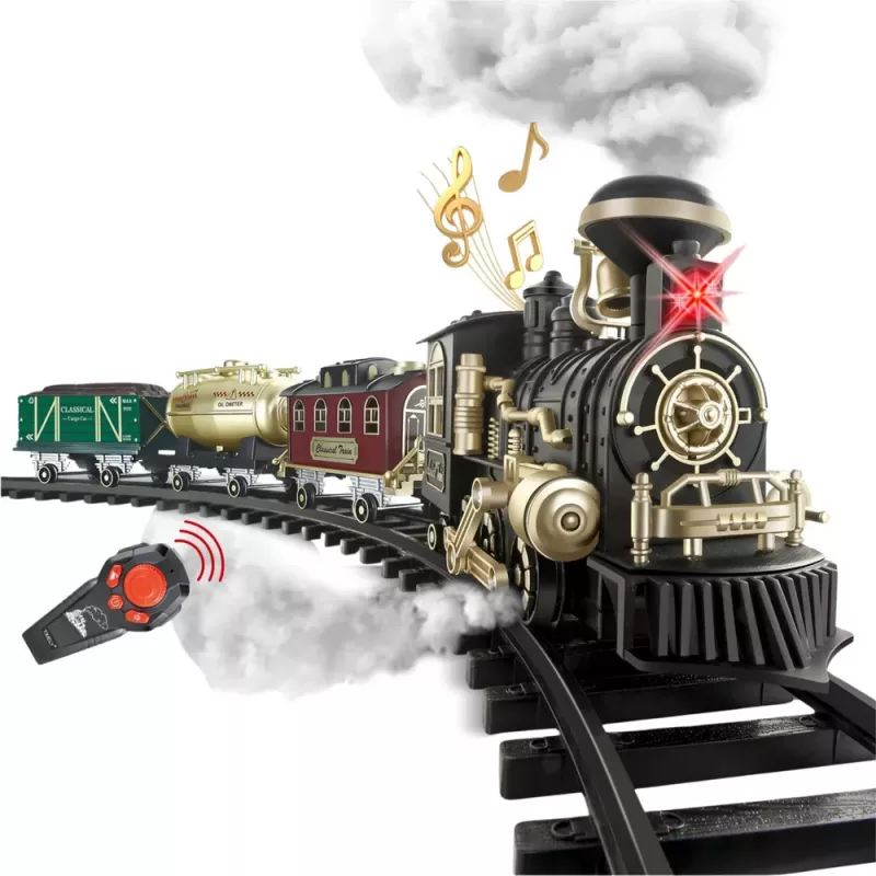 LEAN TOYS Electric Train Classic RC Train ar gaismām, skaņām un dūmiem, 206 cm trase, 24 gabali