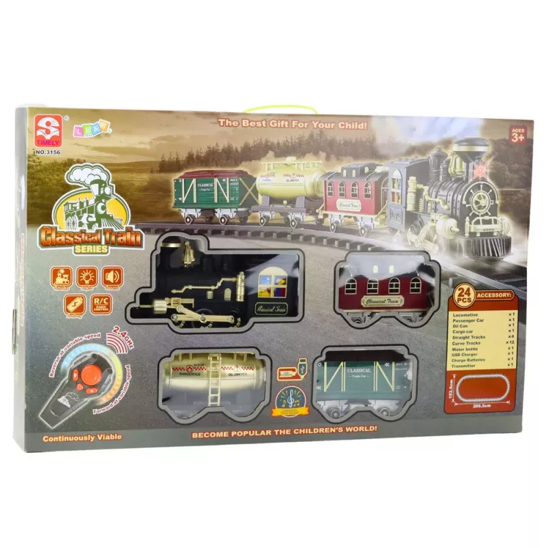LEAN TOYS Electric Train Classic RC Train ar gaismām, skaņām un dūmiem, 206 cm trase, 24 gabali