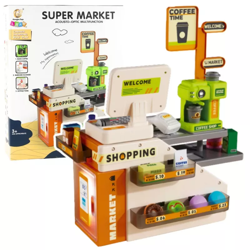 LEAN TOYS Kases aparāts Veikals Kafejnīca Piederumi Gaismas Skaņas 70 gab.