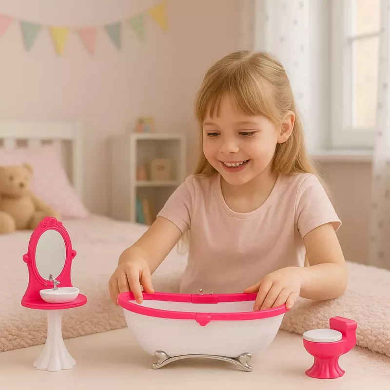 LEAN TOYS Vannas istabas komplekts lellēm: Vanna, tualete, izlietne ar spoguli