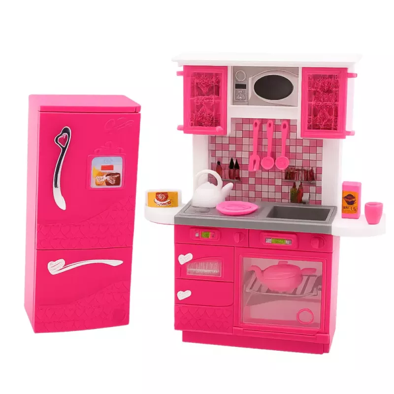 LEAN TOYS Doll Kitchen Set Fridge Oven Accessories Pink