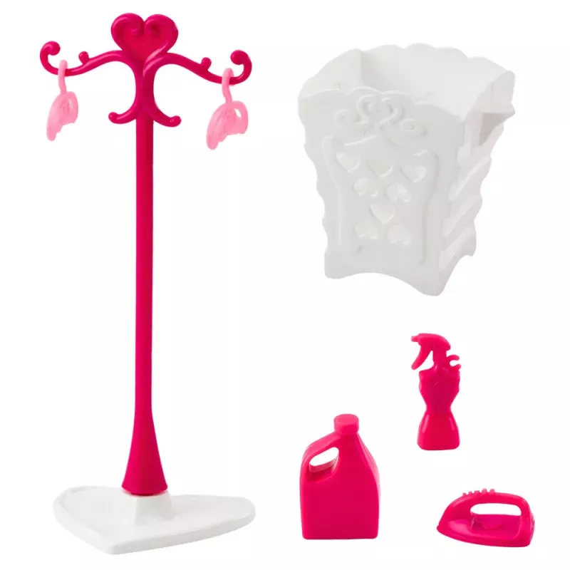 LEAN TOYS Leļļu veļas komplekts: veļas mašīna, žāvētājs, pakaramie, grozs, rozā