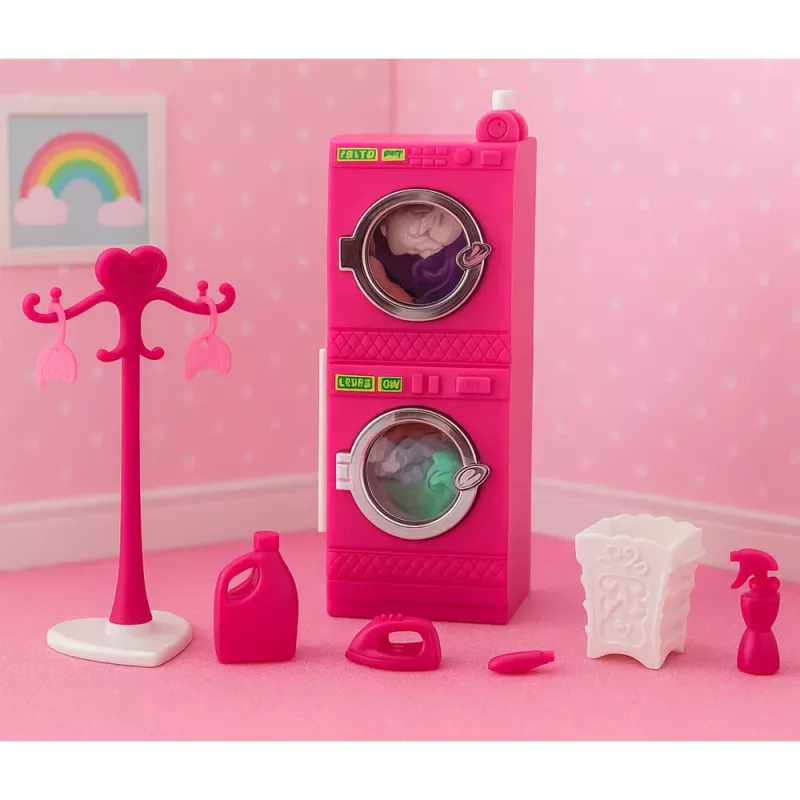LEAN TOYS Leļļu veļas komplekts: veļas mašīna, žāvētājs, pakaramie, grozs, rozā