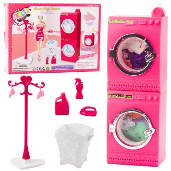 LEAN TOYS Leļļu veļas komplekts: veļas mašīna, žāvētājs, pakaramie, grozs, rozā