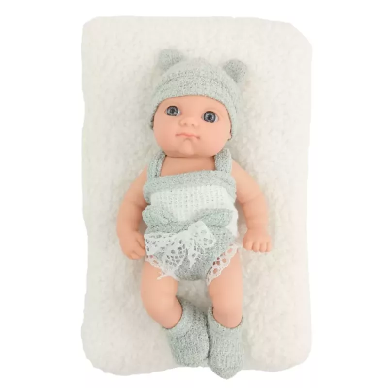 LEAN TOYS Bērnu lelle ar segu, baltu un pelēku apģērbu, cepuri, 18 cm