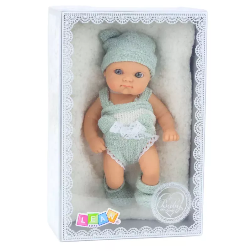 LEAN TOYS Bērnu lelle ar segu, baltu un pelēku apģērbu, cepuri, 18 cm