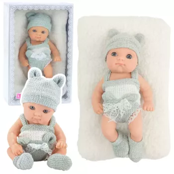 LEAN TOYS Bērnu lelle ar segu, baltu un pelēku apģērbu, cepuri, 18 cm