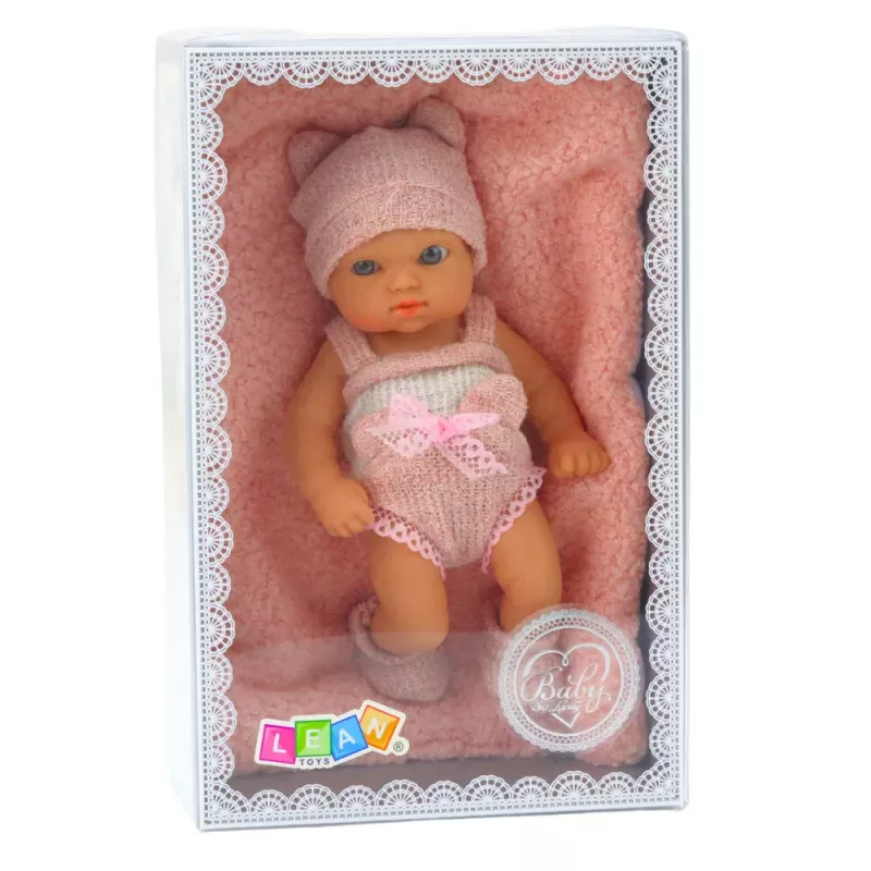 LEAN TOYS Bērnu lelle ar segu, baltām un rozā drēbēm, cepuri, 18 cm