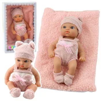 LEAN TOYS Bērnu lelle ar segu, baltām un rozā drēbēm, cepuri, 18 cm