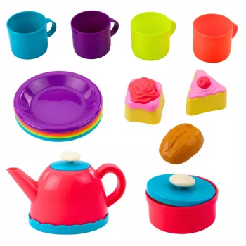 LEAN TOYS Tējas komplekts grozā ar krūzītēm, šķīvjiem, saldumiem, 23 gab.