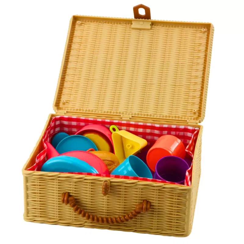 LEAN TOYS Tējas komplekts grozā ar krūzītēm, šķīvjiem, saldumiem, 23 gab.